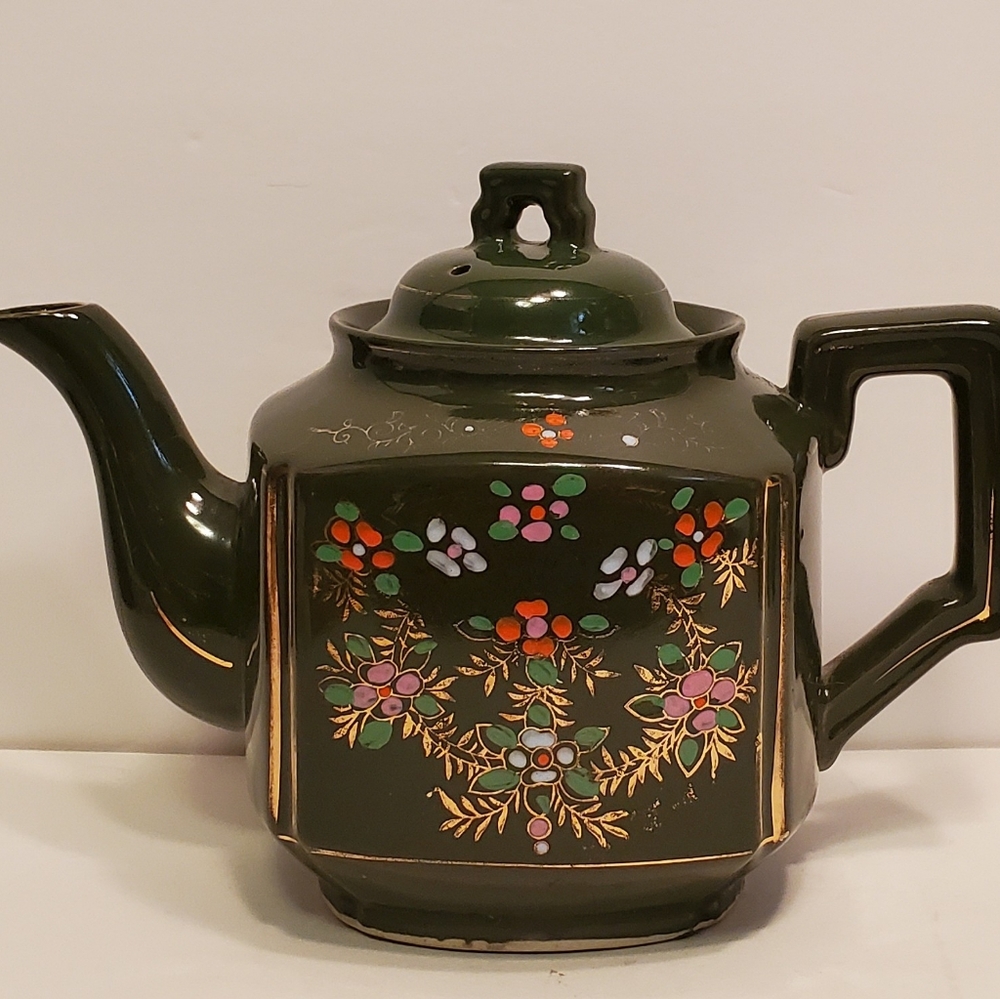 Vintage Olive Green Teapot Hand Painted in Japan
